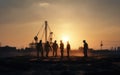 silhouette of builders at a construction site at sunset, Engineers work. Generative AI