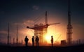 silhouette of builders at a construction site at sunset, Engineers work. Generative AI