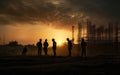 silhouette of builders at a construction site at sunset, Engineers work. Generative AI Royalty Free Stock Photo