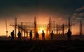 silhouette of builders at a construction site at sunset, Engineers work. Generative AI Royalty Free Stock Photo