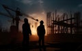 silhouette of builders at a construction site at sunset, Engineers work. Generative AI