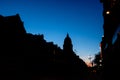 Silhouette of buildings near George Street, located in Edinburghs New Town, against a dark blue sky during sunset. Edinburgh, Scot Royalty Free Stock Photo