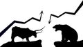 Silhouette bullish trend versus bearish trend with up and down arrows on white background. Royalty Free Stock Photo