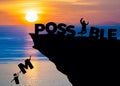 Silhouette business man jumping on the sea beach to complete text possible word at sunrise metaphor to success, challenge Royalty Free Stock Photo