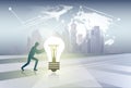 Silhouette Business Man Pushing Light Bulb New Idea Concept Over World Map Background Royalty Free Stock Photo