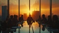 Silhouette of business people meeting in modern office with sunlight effect