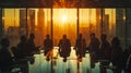 Silhouette of business people meeting in modern office with sunlight effect