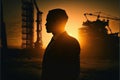 Digital art Silhouette of business people posing in office or construction site site with backlight nigh sunset ai Royalty Free Stock Photo
