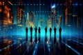 Silhouette of business people in a row standing against the backdrop of digital technology with a view of the night city Royalty Free Stock Photo