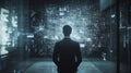 Silhouette of businessman analyzing futuristic cityscape data visualization through glass in dark tech office Royalty Free Stock Photo