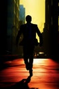 Silhouette businessman back lit by a warm city street sunset