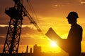 Silhouette Businessman engineer looking blueprint in a building site over Blurred construction site film grain progress and potent Royalty Free Stock Photo