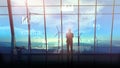 Silhouette of a businessman in front of an array of data and a wind farm.