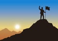 Silhouette businessman holding a flag on mountain peak, Evening sky background, Achievement leadership business concept Royalty Free Stock Photo
