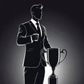 Silhouette of a businessman holding a trophy on a pedestal.