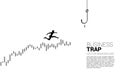 Silhouette of businessman jumping higher on candle graph with fishing hook.