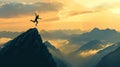 Silhouette of a businessman jumping over a mountain peak against a sunset background, Generative AI illustrations Royalty Free Stock Photo