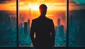 Silhouette of businessman looking over a cityscape at sunrise. AI Generated Royalty Free Stock Photo