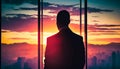 Silhouette of businessman looking over a cityscape at sunrise. AI Generated Royalty Free Stock Photo