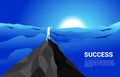 Silhouette of businessman point forward from mountain cliff to the moon at night. Royalty Free Stock Photo