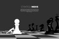 Silhouette of businessman push pawn chess piece to chessboard