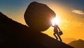 Silhouette of Businessman Pushing Huge Stone Boulder Up on Hill - Generative Ai Royalty Free Stock Photo