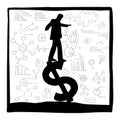 Silhouette businessman standing on dollar sign vector illustration sketch doodle hand drawn isolated on white square background. Royalty Free Stock Photo