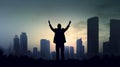 Silhouette of a businessman standing and raised hands with cityscapes background, Generative AI Royalty Free Stock Photo