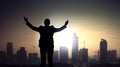 Silhouette of a businessman standing and raised hands with cityscapes background, Generative AI Royalty Free Stock Photo