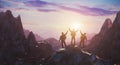 Group of peoples standing on mountain top over sunrise twilight background. Success and Leadership concept. 3d rendering
