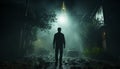 Silhouette of businessman walking through dark, spooky forest at night generated by AI Royalty Free Stock Photo