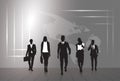 Silhouette Businesspeople Group Business Man And Woman Sketch Abstract World Map Background Royalty Free Stock Photo