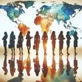 silhouette of businesswomen reflected on a light marble floor, an illustration that seeks to represent a global business scenario,