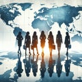silhouette of businesswomen reflected on a light marble floor