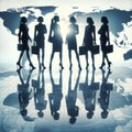 silhouette of businesswomen reflected on a light marble floor, an illustration that seeks to represent a global business scenario