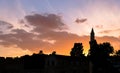 Silhouette of Buyuk Cami Mosque and palm trees against colorful sky at sunset.