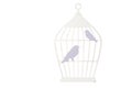 Silhouette of a cage with birds made of wood on a light wooden background. Isolate on white. Royalty Free Stock Photo