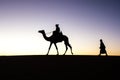 Silhouette of a camel and a cameleer at sunrise.