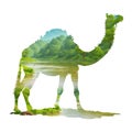 Silhouette of camel with color image of nature. Abstract image of a camel with forest, river, mountain inside. Double image of Royalty Free Stock Photo