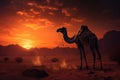 Silhouette of a camel in the desert at sunset. 3d rendering, Dromedary at the sunset, AI Generated Royalty Free Stock Photo