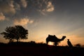 Silhouette of the Camel Trader crossing the sand dune during sunset Royalty Free Stock Photo