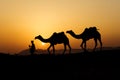 Silhouette of the Camel Trader crossing the sand dune. Royalty Free Stock Photo