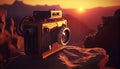 Silhouette of Camera Overlooking a Misty Canyon, Made with Generative AI