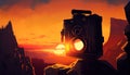 Silhouette of Camera Overlooking a Misty Canyon, Made with Generative AI