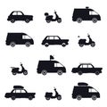 Silhouette of car and minibus, scooter and auto