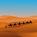 Silhouette caravan camel riders are hiking in the hot sun in the desert with sand mountain background vector illustration Royalty Free Stock Photo