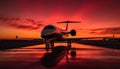 Silhouette of cargo airplane taking off at dusk, back lit by sunset generated by AI Royalty Free Stock Photo