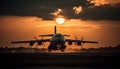 Silhouette of cargo airplane taking off at dusk, moving down generated by AI Royalty Free Stock Photo