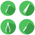 Silhouette of carpenter tools with long shadow on green circle