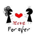 Silhouette of a cartoon couple just married and `Love forever` word